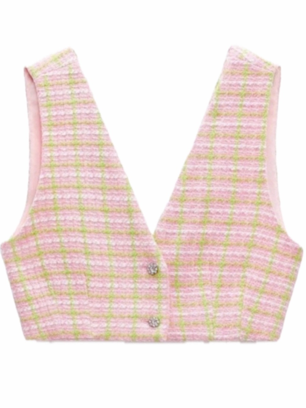 Zara Pink & Green Plaid Cropped Waistcoat Rhinestone Buttons XS NWT